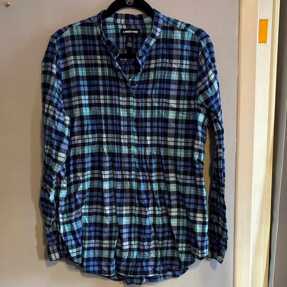 Lands' End Women's Blue and Green Plaid Button Down Shirt